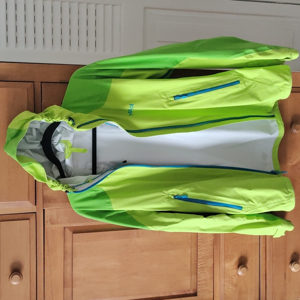 Marmot Women's Lime Green Hooded Softshell Jacket with Blue Zippers